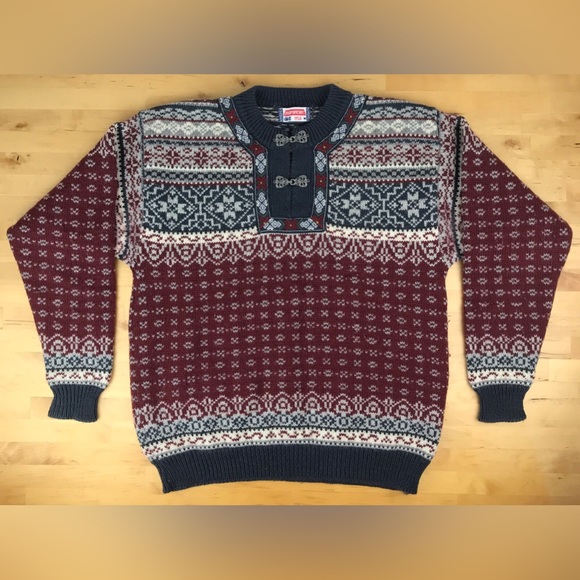 SOLD: Norwear Fair Isle Wool Sweater Folk Metal Clasps Made in Iceland Burgundy - Picture 1 of 16